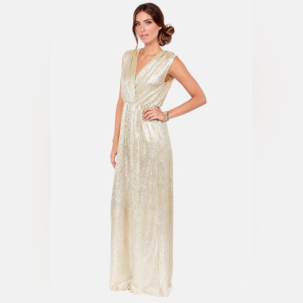 Lulu’s All That Shimmers Gold Maxi Dress Gown